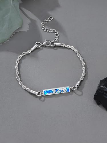 Waves/Tree of Life/Mushrooms/Moon Phase/Butterfly/Hummingbird Bracelet/Anklet 925 Sterling Silver Adjustable Abalone Shell Bar Bracelet/Anklet Summer Jewelry Gifts for Women - color: Waves-Blue Opal, size: Bracele 7"+2"