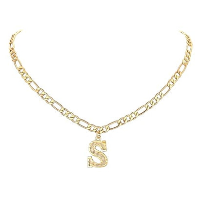 14K Gold Plated Initial Necklaces for Women Men A-Z Letter Necklaces | Figaro Chain, 16"+2" Adjustable Length, with Gift Box - style: S