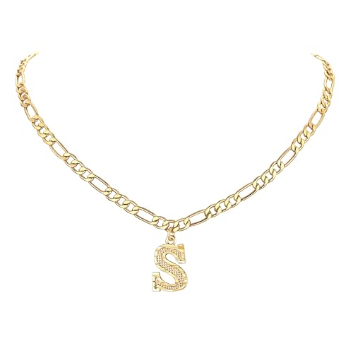 14K Gold Plated Initial Necklaces for Women Men A-Z Letter Necklaces | Figaro Chain, 16"+2" Adjustable Length, with Gift Box - style: S