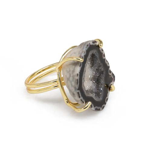 Elegant Geode Druzy Gemstone Statement Ring for Women, Adjustable Ring, Gold Plated Stone Size 20-25mm - color: Black, style: 1
