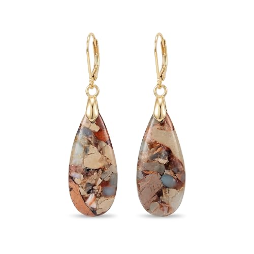 Natural Healing Teardrop Stone Leverback Dangle Drop Earrings Statement Gold earrings - color: khaki-Gold