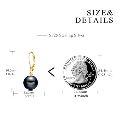 925 Sterling Silver Pearl Leverback Earrings Dangle Drop Jewelry Gifts for Women - style: Black Pearl-Gold