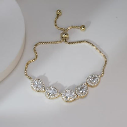 Teardrop Cubic Zirconia Jewelry Set for Women Wedding Prom Bridesmaid Gift | Sparkle Necklace Earrings Bracelet, Bride Formal Party Jewelry - color: Gold