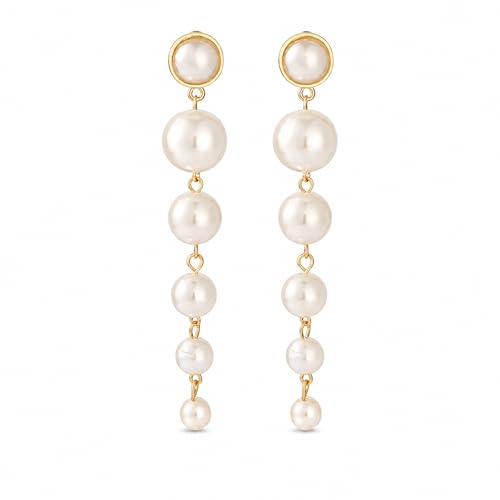 Graduated Pearl Drop Earrings for Women, Elegant Long Linear Tassel Dangle Earrings for Wedding Guest or Bride, Hypoallergenic Formal Party Jewelry