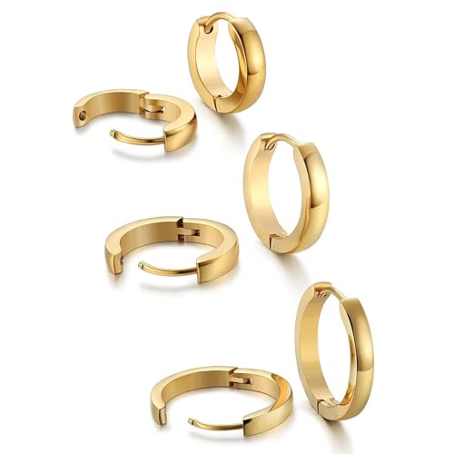 3 Pairs Stainless Steel Hoop Earrings for Men & Women | Minimalist Gold Plated Small Hinged Segment Ring Hypoallergenic Huggie Ear Cartilage Helix Tragus Piercing Jewelry 9/12/14mm