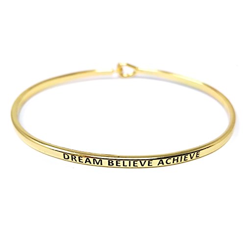 by you Inspirational Positive Message Engraved Thin Cuff Bangle Hook Bracelet - color: Dream Believe Achieve-Gold