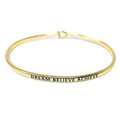 by you Inspirational Positive Message Engraved Thin Cuff Bangle Hook Bracelet - color: Dream Believe Achieve-Gold