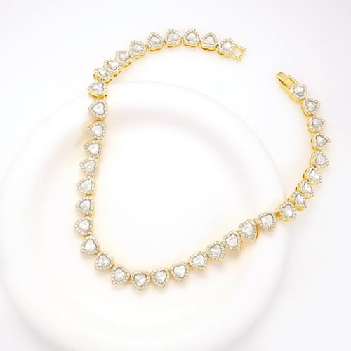 fasone Rhinestone Hearts Necklace, Iced Out Hearts Jewelry，Silver Tennis Necklace For Women，Tennis Necklaces For Women, Heart Tennis Necklace - color: Gold_15.7inch/7inch