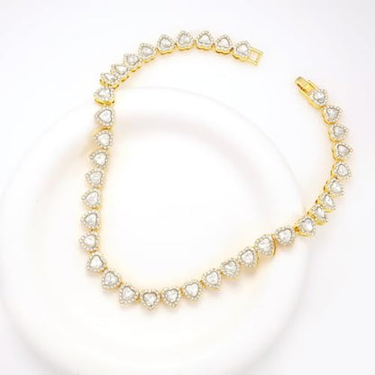 fasone Rhinestone Hearts Necklace, Iced Out Hearts Jewelry，Silver Tennis Necklace For Women，Tennis Necklaces For Women, Heart Tennis Necklace - color: Gold_15.7inch/8inch