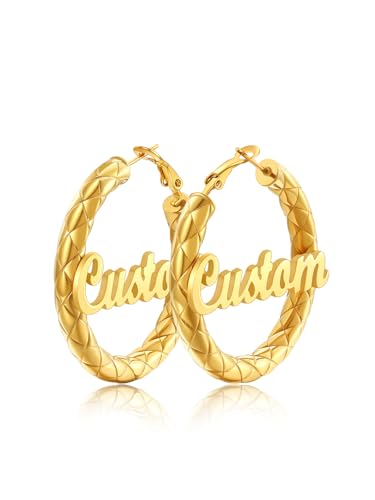 FindChic Chunky Hoop Earrings for Women, Silver/Black/14K Gold Plated Crossover Patterned Hollow Tube Rounded Loop Earrings, 30mm/40mm/60mm/80mm Hoops with Custom Name Options and Gift Box - color: f.Gold (Custom Name), size: 40MM