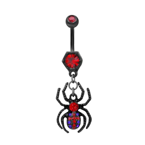 14G Black Spider Dangle Belly Button Ring for Women Rhinestone Crystal with Gothic Dangling Spider Belly Navel Rings Halloween Body Piercing Jewelry - color: Red