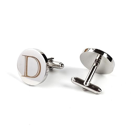 Mens Initial Silver Cufflinks A-Z Alphabet Letter Steel Cuff Links with Engraved Walnut Wood Box Groom Groomsman Wedding Set… - style: D