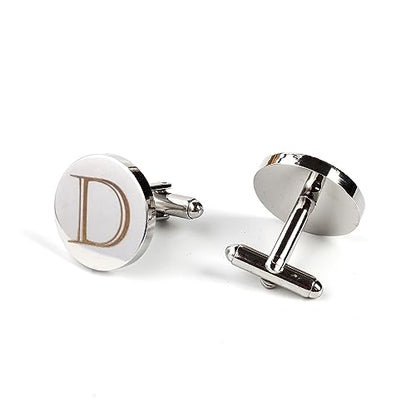 Mens Initial Silver Cufflinks A-Z Alphabet Letter Steel Cuff Links with Engraved Walnut Wood Box Groom Groomsman Wedding Set… - style: D