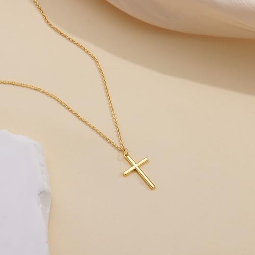 Poxtex Cross Necklace for Women Teen Girls, Dainty 14K Gold Silver Plated Cross Choker Jewelry Non Tarnish Waterproof Cute Simple Small Necklace Christian Baptism Religious Faith Jewelry Gifts - color: 04 Simple Cross Gold