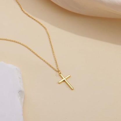 Poxtex Cross Necklace for Women Teen Girls, Dainty 14K Gold Silver Plated Cross Choker Jewelry Non Tarnish Waterproof Cute Simple Small Necklace Christian Baptism Religious Faith Jewelry Gifts - color: 04 Simple Cross Gold