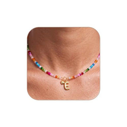 Initial Necklace for Women Colorful Beaded Necklaces Initial Heart Bubble Letter Necklace Summer Necklace Jewelry Gift - color: E