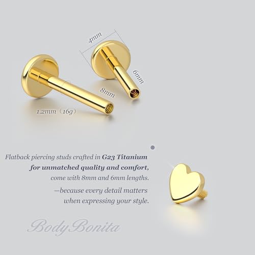 G23 Titanium 16G Tragus Conch Piercing Jewelry Flat Back Stud Earrings | Hypoallergenic CZ Nose Dangle Helix Medusa Lip Labret Body Piercing Jewelry, 14K Gold Plated, Silver, 6 and 8 mm Post Length - color: Heart-14K Gold