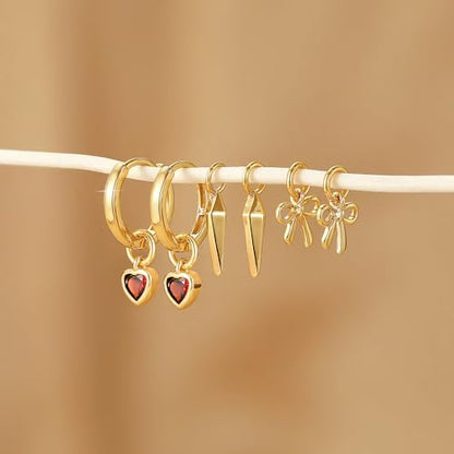 Freekiss Gold Huggie Earrings with 3 Charms for Women | 14K gold-plated huggie hoops with cherry, bow, and pearl charms for interchangeable daily styling, parties, and gifts - color: Heart Bow Spearhead-GD