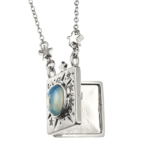 Personalized Color Print Photo Locket Custom Text Engraved Pendant Gold Tone Opal Star Moon Charm Necklace Gift - style: Various Custom Options