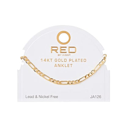 Red by Kiss 14K Gold Plated Glam Fashion Anklet, Hypoallergenic Cuff Link, Adjustable Strap, Lead & Nickel Free for Sensitive Skin - color: Figaro 4MM