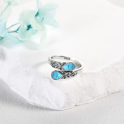 Ring for Women Sterling Silver Adjustable Band Open Rings Jewelry Gifts for Girls - style: Turquoise