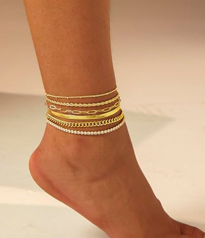 Dainty Ankle Bracelets for Women Waterproof | Layered Gold Plated Tennis Cuban Snake Rope Paperclip Beaded Link Chains Set, Summer Beach Jewelry Gift - color: Gold Anklet A