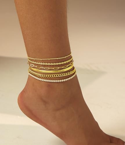 Dainty Ankle Bracelets for Women Waterproof | Layered Gold Plated Tennis Cuban Snake Rope Paperclip Beaded Link Chains Set, Summer Beach Jewelry Gift - color: Gold Anklet A