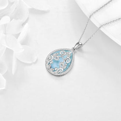 YAFEINI Teardrop Necklace Sterling Silver Filigree Irish Pendant Necklace Natural Stone Moonstone/Lapis Lazuli/Larimar/Moss Agate Necklace Jewelry - color: Larimar Filigree Necklace