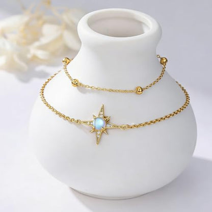 Moonstone Bracelet for Women 925 Sterling Silver Moonstone Bracelet Adjustable Jewelry Gift for Women - style: Star Stacked Anklet - Gold