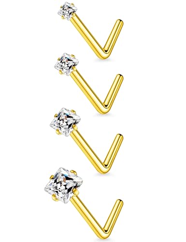 18G 20G 14K Gold Filled Nose Rings Studs Piercing Jewelry For Women Men 316L Surgical Steel Round Square Cubic Zirconia Nose Rings Studs Nostrial Piercing Jewelry CZ 1.5mm 2mm 2.5mm 3mm - color: 14K Gold Plated, size: 18 Gauge-L Shaped-Square CZ