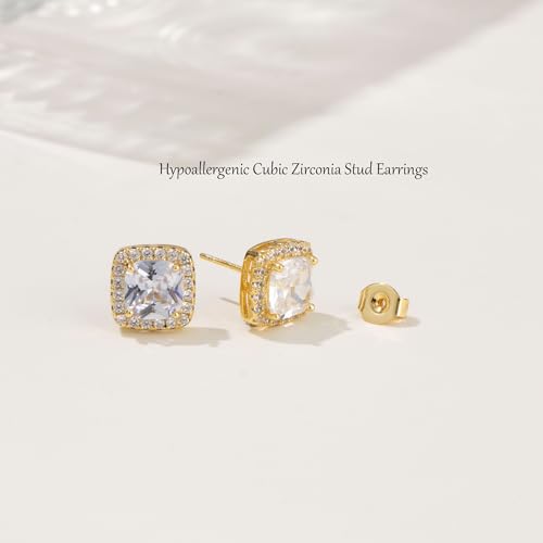 Cubic Zirconia Stud Earrings for Women Men 14K Gold-Plated Halo Stud Earrings Hypoallergenic Earrings CZ Halo Stud Earrings for Sensitive Ears - style: A-GOLDEN