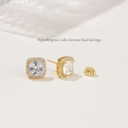 Cubic Zirconia Stud Earrings for Women Men 14K Gold-Plated Halo Stud Earrings Hypoallergenic Earrings CZ Halo Stud Earrings for Sensitive Ears - style: A-GOLDEN