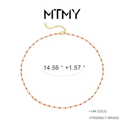 MTMY Beaded Necklaces for Women 14K Gold Plated Dainty Colorful Green/Rose Beaded Pearl Choker Necklace Delicate Boho Choker Necklace Jewelry Gift - style: Crystal-rose