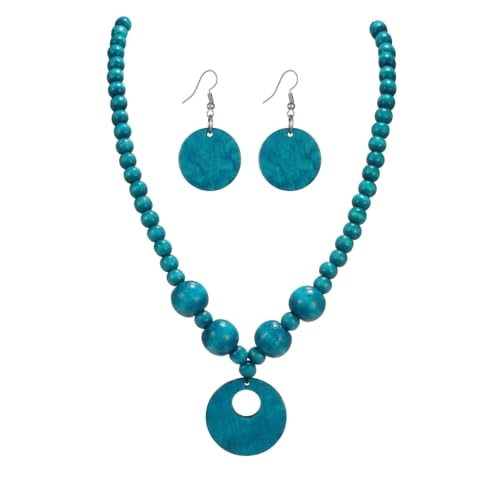 Soyzvteo Boho Wooden Beaded Necklace Earring Set Chunky Statement Costume Jewelry Retro Ethnic Accessories for Women - color: Blue