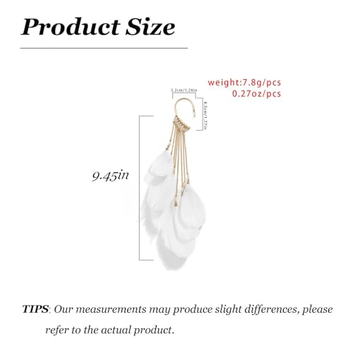 Feather Earrings for Women Ear Cuffs Long Tassel Boho Clip Earrings Red White Non Piercing Earring Statement Jewelry Birthday Prom Jewelry Gifts - color: A1:white tassel feather ear clips