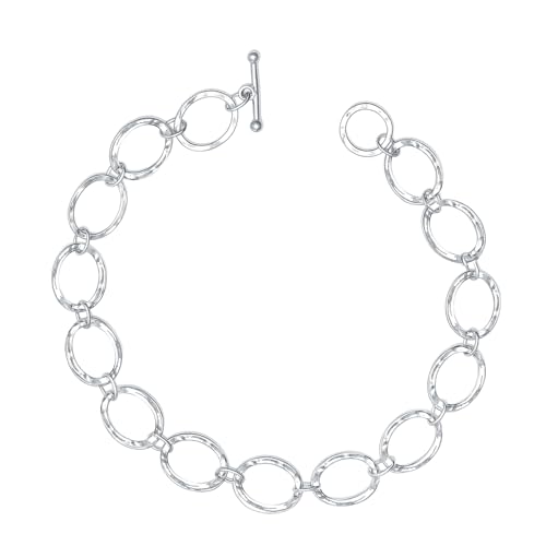 LeCalla 925 Sterling Silver Hammered Link Bracelets for Women | Handmade Bohemian Textured Chain & Oval Link Bracelet | Women's Adjustable Paperclip, Circle & Oval Hammered Bracelets - color: T Bar Oval Link