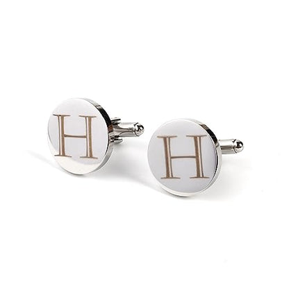Mens Initial Silver Cufflinks A-Z Alphabet Letter Steel Cuff Links with Engraved Walnut Wood Box Groom Groomsman Wedding Set… - style: H