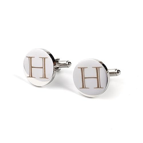 Mens Initial Silver Cufflinks A-Z Alphabet Letter Steel Cuff Links with Engraved Walnut Wood Box Groom Groomsman Wedding Set… - style: H