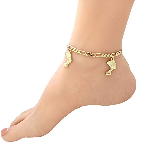 Fashion 21 Women's Cross, Ankh, Queen Nefertiti Piece 10 inches Figaro Chain Anklet Foot Bracelet in Gold Tone - style: 3 Nefertiti Charms/ Figaro