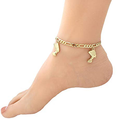 Fashion 21 Women's Cross, Ankh, Queen Nefertiti Piece 10 inches Figaro Chain Anklet Foot Bracelet in Gold Tone - style: 3 Nefertiti Charms/ Figaro