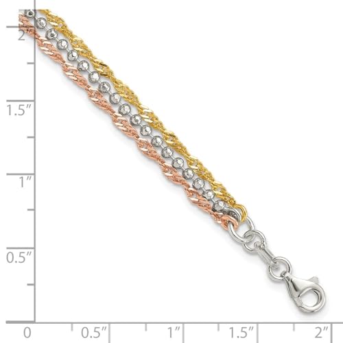 Sterling Silver Gold-tone and Rose Tone 3 Strand Bracelet 7.5"