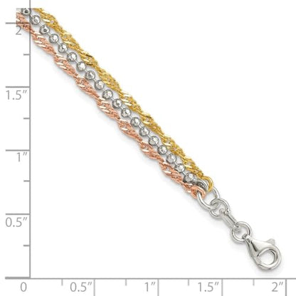 Sterling Silver Gold-tone and Rose Tone 3 Strand Bracelet 7.5"