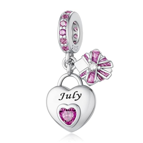 HappyStar 925 Sterling Silver Happy Birthday Bead Charm Love Heart Shape Birthstone Charms for Bracelets Dangle Pendant with 5A Cubic Zirconia Compatible Pandora Bracelets Jewelry Gift for Women - color: 7-July Birthstone Charms