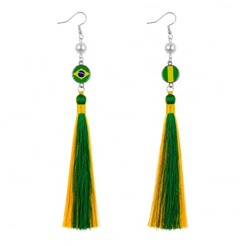 Handmade 925 Silver Plated Long Tassel Earring,Premium Flag Heritage Jewelry, Pride Patriotic Festival Gift For Women Party - color: Brazil Flag Style