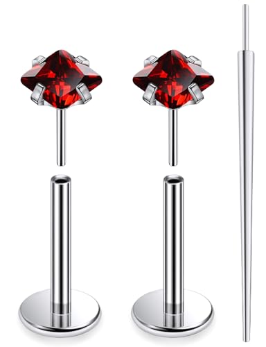 20G 18G 16G F136 Titanium Threadless Flat Back Earrings Nose Studs Tragus Forward Helix Conch Cartilage Lobe Earrings Medusa Labret Snake Bite Monroe Lip Ring Piercing Jewelry For Women Men - color: Red, size: 20G-8MM Bar-CZ 3MM