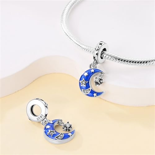 14K Gold Plated Charms for Bracelets Necklace Star Moon Cross Beads Woman | 925 Sterling Silver Charms Butterfly Cute Cat Dog Evil Eye Lucky Bracelet Beads Aesthetic Peandant Jewelry Gift for Mom - color: blue moon charm