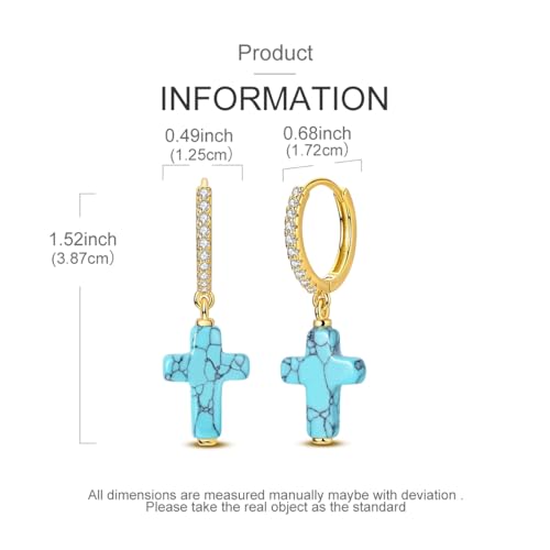925 Sterling Silver Dangle Whale Shark Butterfly Bow Earrings for Women | Hypoallergenic Huggie Hoop Drop Cross Earrings for Sensitive Ears, Cubic Zirconia Statement Trendy Jewelry Birthday Gifts - color: Turquoise Cross Earring