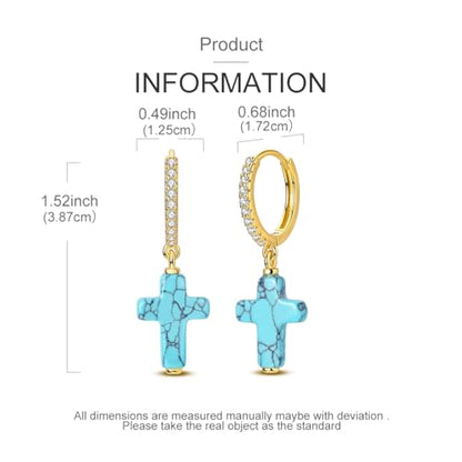 925 Sterling Silver Dangle Whale Shark Butterfly Bow Earrings for Women | Hypoallergenic Huggie Hoop Drop Cross Earrings for Sensitive Ears, Cubic Zirconia Statement Trendy Jewelry Birthday Gifts - color: Turquoise Cross Earring