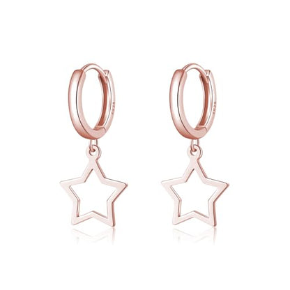 Reffeer Solid 925 Sterling Silver Star Hoop Dangle Earrings for Women Teen Girls Star Drop Earrings Huggie - color: C-Rose
