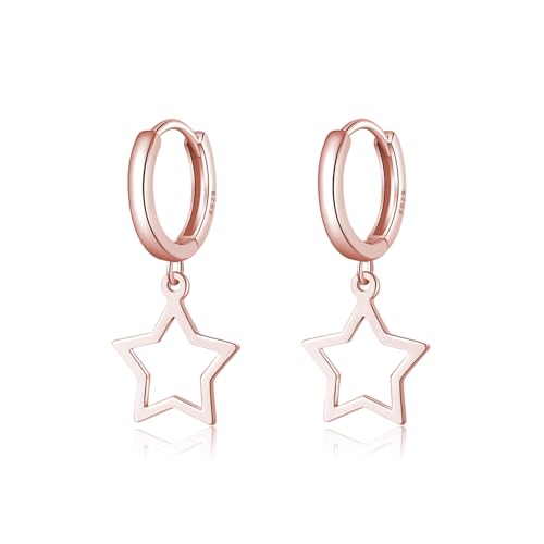 Reffeer Solid 925 Sterling Silver Star Hoop Dangle Earrings for Women Teen Girls Star Drop Earrings Huggie - color: C-Rose